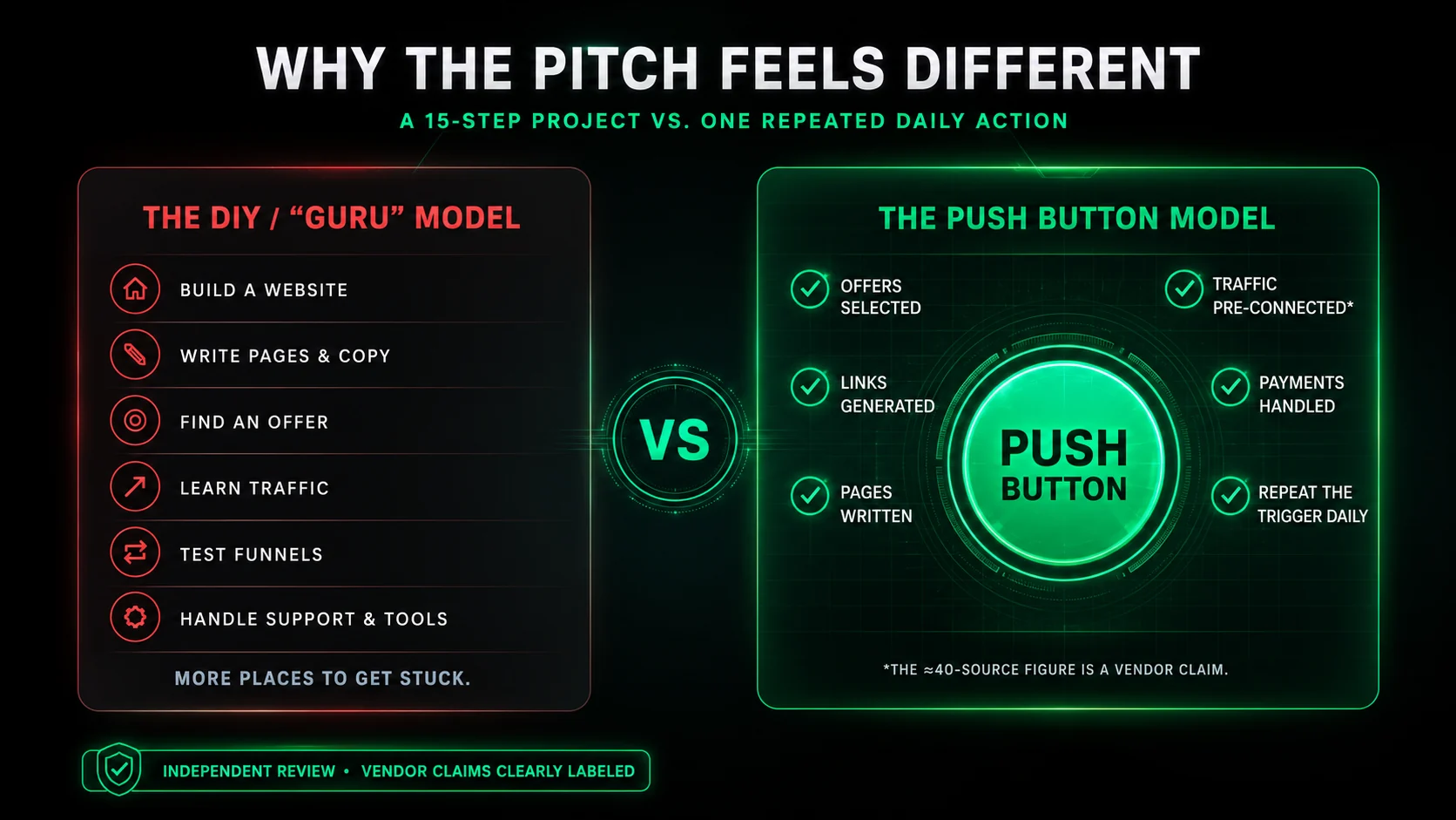 Comparison of the traditional do-it-yourself affiliate workflow with the Push Button System model