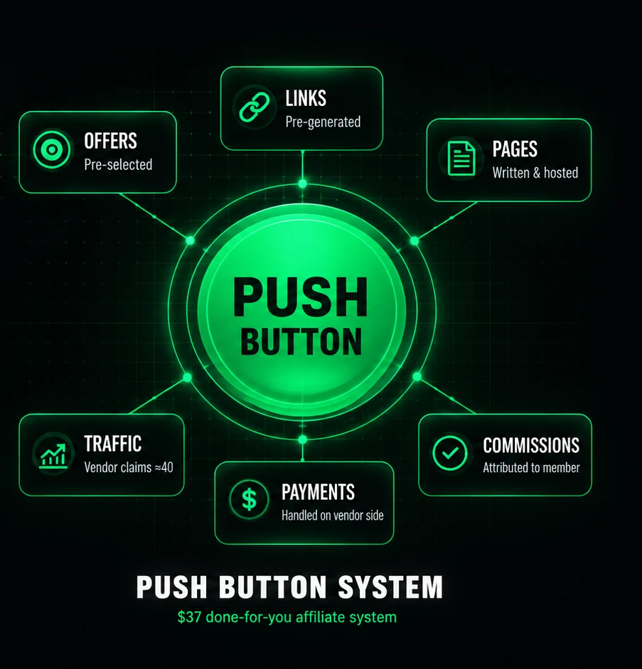 Push Button System visual showing the button connected to pre-selected offers, links, pages, traffic, payments and commissions