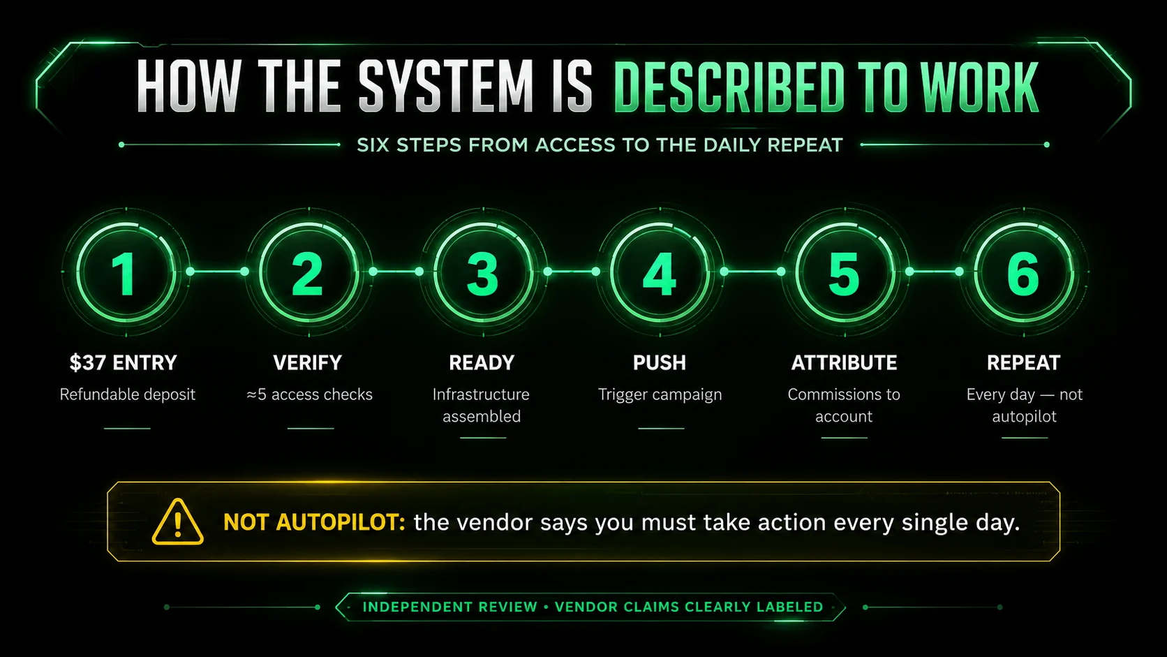 Six-step Push Button System workflow from $37 access and verification through the daily campaign trigger