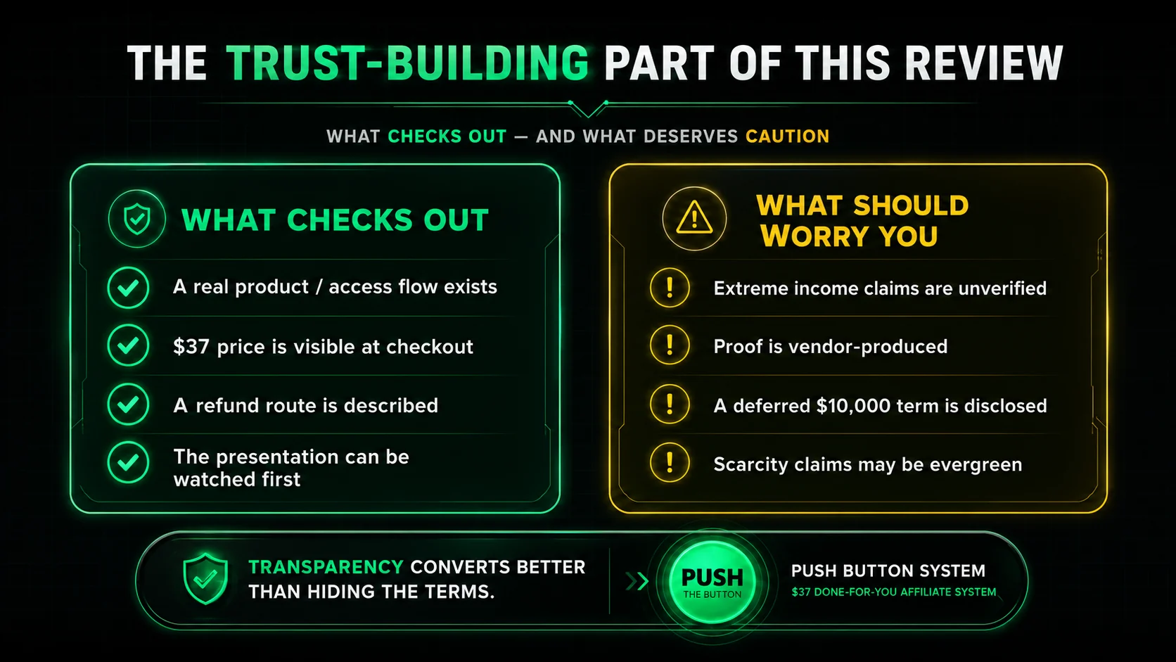 Push Button System trust and transparency review showing what checks out and what deserves caution
